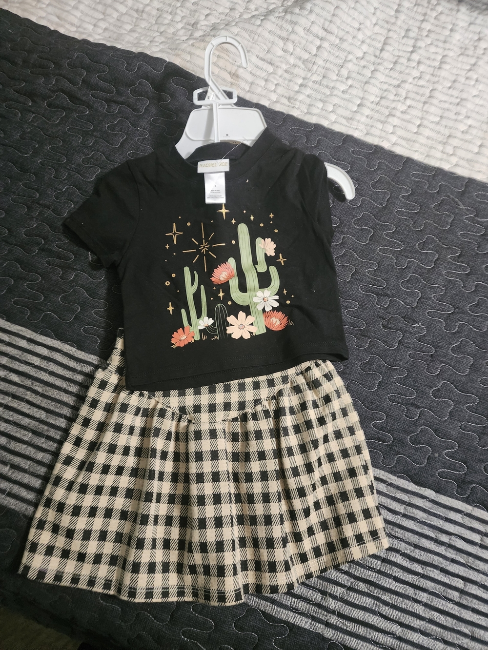 Rachel Zoe Kids Black Cactus Graphic Top with Cream & Black Plaid Skirt